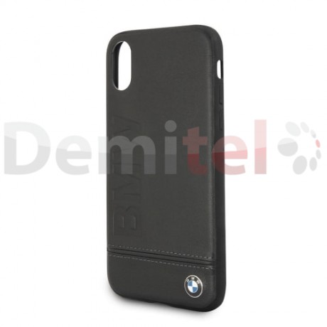 Силиконов гръб BMW с естествена кожа за iPhone X/XS Черен