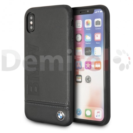 Силиконов гръб BMW с естествена кожа за iPhone X/XS Черен