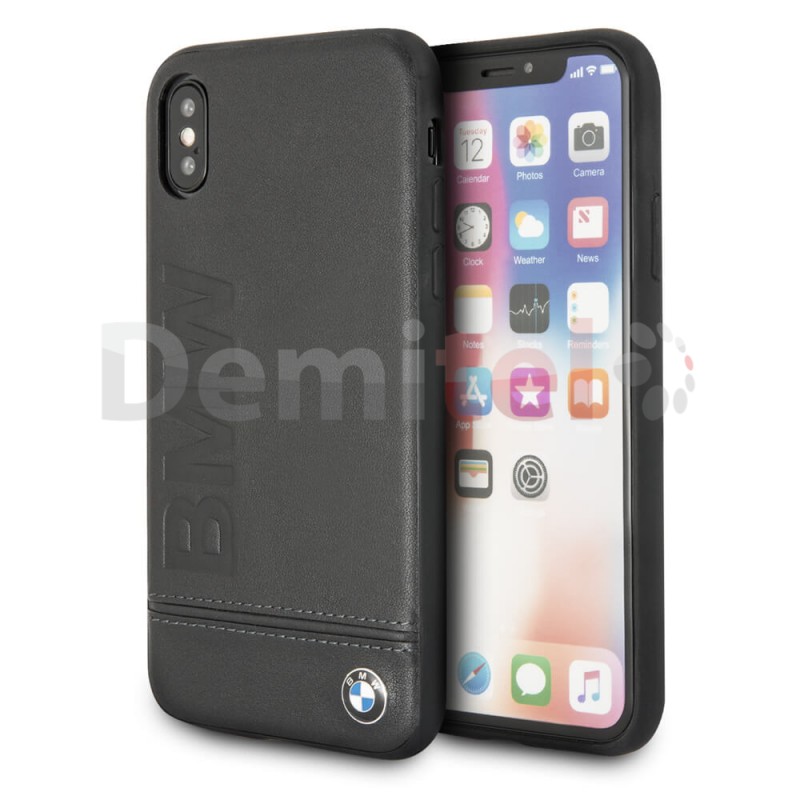 Силиконов гръб BMW с естествена кожа за iPhone X/XS Черен