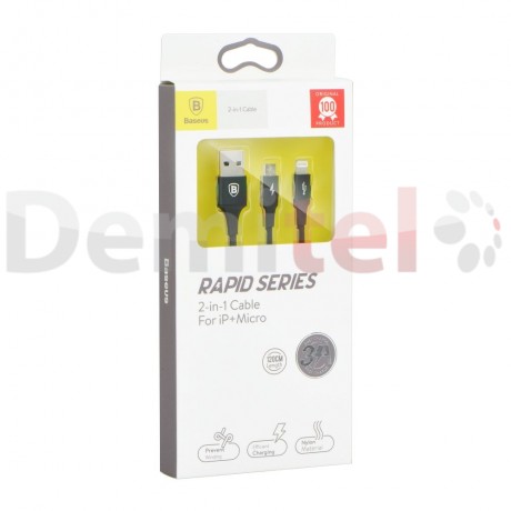 Кабел BASEUS Rapid 2in1 Micro-USB и Lightning 1.2м Черен