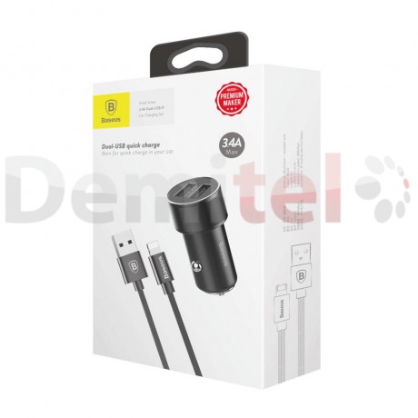 Зарядно за кола BASEUS Small Screw с Lightning кабел Черно