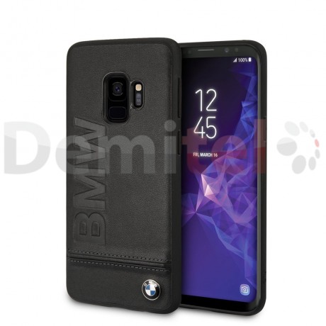 Силиконов гръб BMW с естествена кожа за Galaxy S9 Черен
