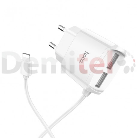 Зарядно HOCO C59A 220V 2.1A с вграден Lightning кабел Бяло