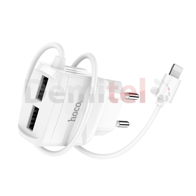 Зарядно HOCO C59A 220V 2.1A с вграден Lightning кабел Бяло
