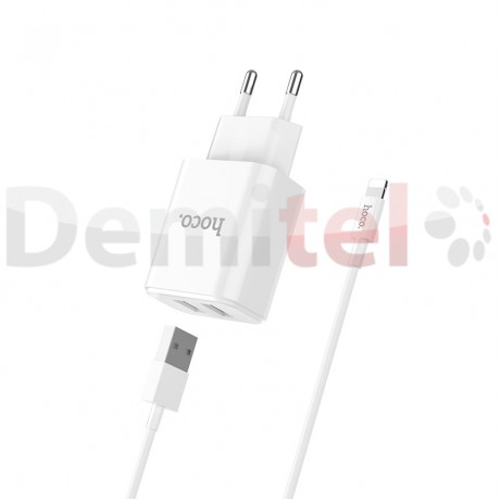 Зарядно HOCO C62A 220V 2.1A с Lightning кабел Бяло