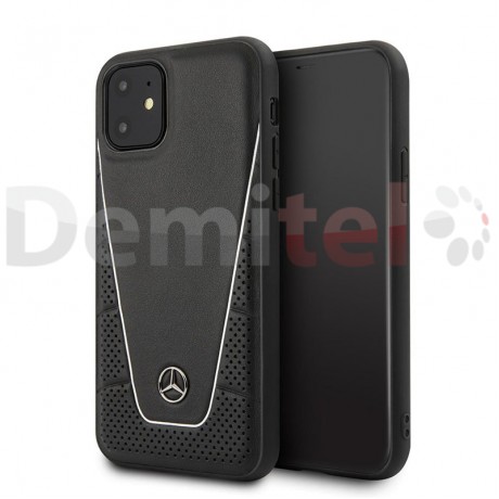 Силиконов гръб MERCEDES-BENZ Pattern с естествена кожа за iPhone 11 Черен