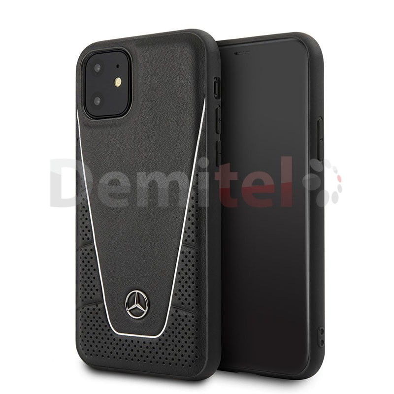 Силиконов гръб MERCEDES-BENZ Pattern с естествена кожа за iPhone 11 Черен