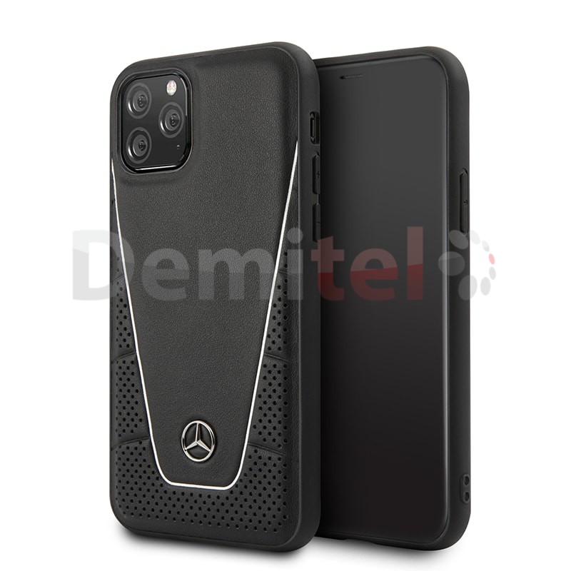 Силиконов гръб MERCEDES-BENZ Pattern с естествена кожа за iPhone 11 Pro Max Черен