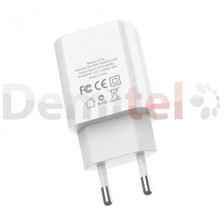 Зарядно HOCO C71A PD 3.0 с USB>Type-C към Lightning кабел Бяло