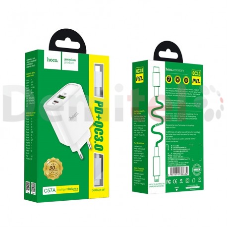 Зарядно HOCO C57A PD+QC 3.0 USB>Type-C към Lightning кабел Бяло