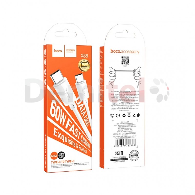 Кабел Hoco X88 Type-C > Type-C 60W Fast-Charge 1M Бял