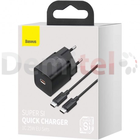 Зарядно Baseus 220V>USB Type-C 25W Super Si Quick Charge + Кабел 1M Черен
