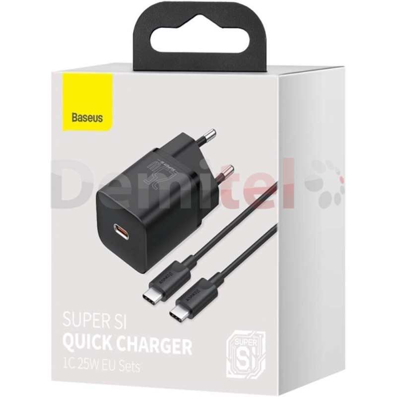 Зарядно Baseus 220V>USB Type-C 25W Super Si Quick Charge + Кабел 1M Черен