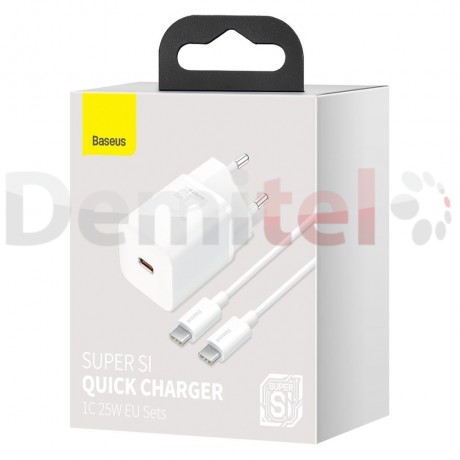 Зарядно Baseus 220V>USB Type-C 25W Super Si Quick Charge + Кабел 1M Бяло