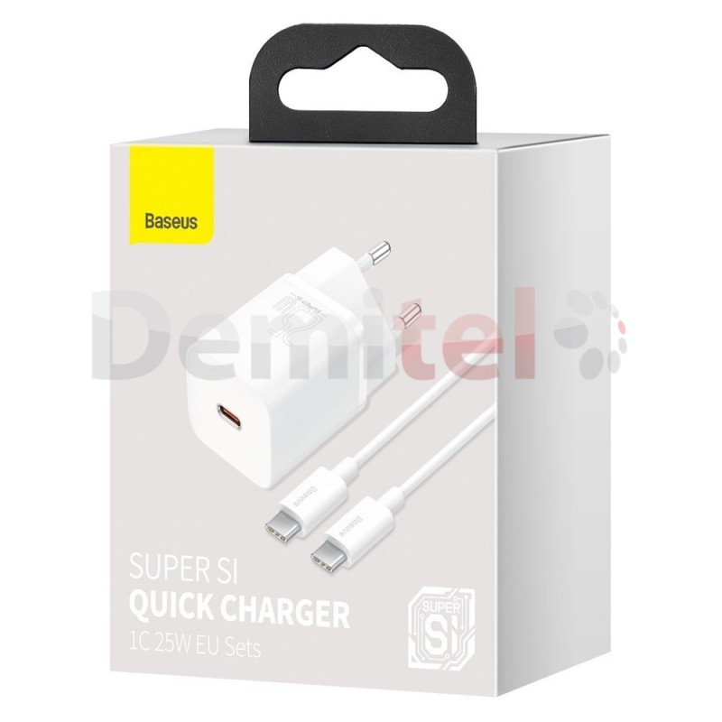 Зарядно Baseus 220V>USB Type-C 25W Super Si Quick Charge + Кабел 1M Бяло