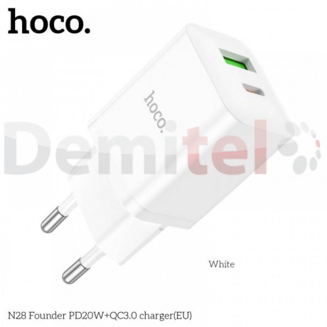 Зарядно Hoco N28 USB-C+USB PD-20W+QC3.0A Бял