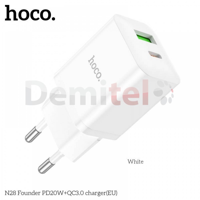 Зарядно Hoco N28 USB-C+USB PD-20W+QC3.0A Бял