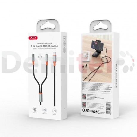Преходник XO-NB-R269B 2in1 Cabel Type-C>3.5mm extended wired Сив