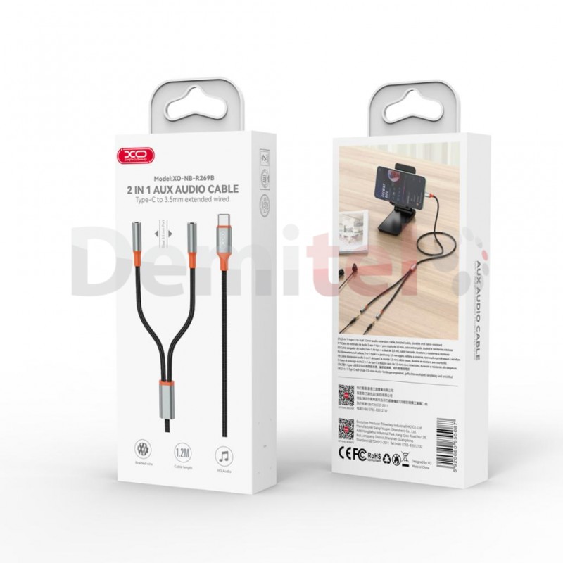 Преходник XO-NB-R269B 2in1 Cabel Type-C>3.5mm extended wired Сив