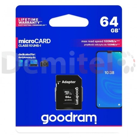 Карта Памет Goodram MicroSD 64GB Class 10 + SD Adapter 