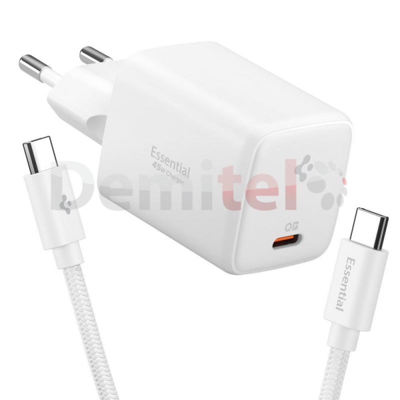 Зарядно Spigen Wall Charger 45W Type-C>Type-C Quantum Boost +Кабел 1М Бяло