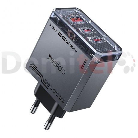 Адаптер Yesido YC101 GaN 1xUSB-A 2xType-C 65W Черно