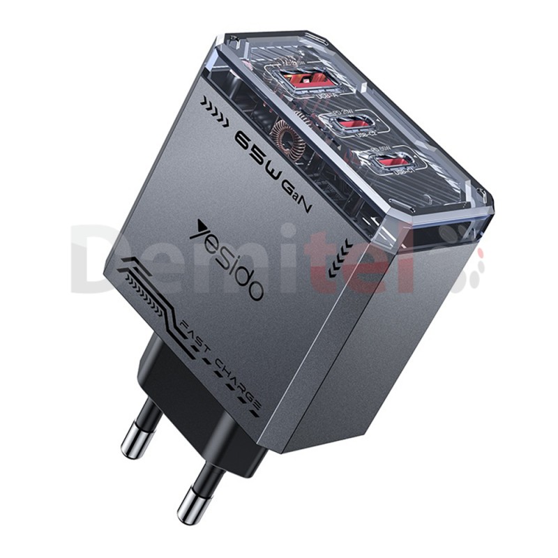 Адаптер Yesido YC101 GaN 1xUSB-A 2xType-C 65W Черно